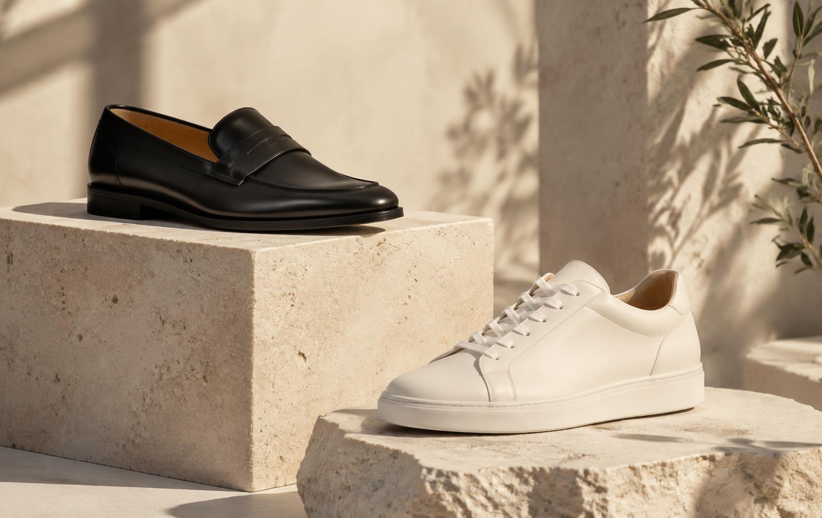Black loafer and ivory sneaker on limestone plinths